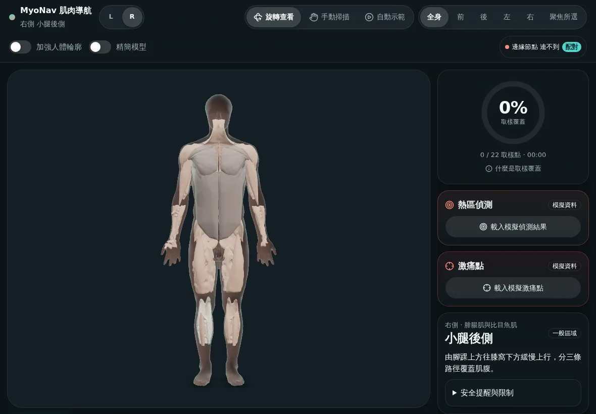 MyoNav 平板畫面：3D 全身肌群
